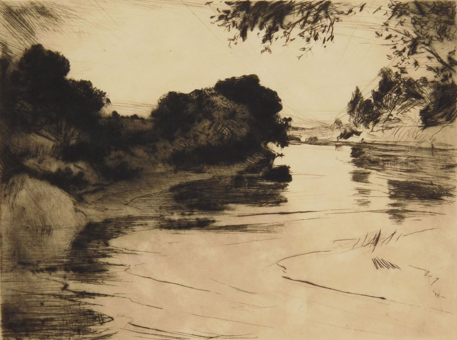 Frank Benson drypoint: Frank Benson (1862-1951) Canada River (Paff 179) drypoint, 1920, signed in pencil, edition of 150. 6 x 7 7/8"