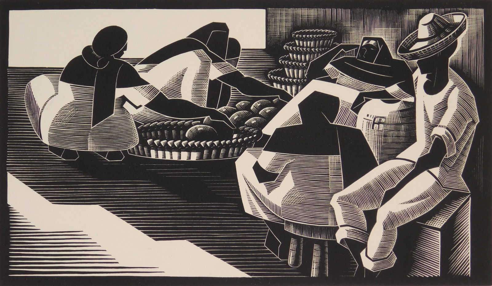Olin Dows wood engraving: Olin Dows (1904-1981) Market Scene, Acapulco wood engraving, 1933, signed and dated in pencil, stamped 'Benjamin West Society'. 5 3/4 x 10"