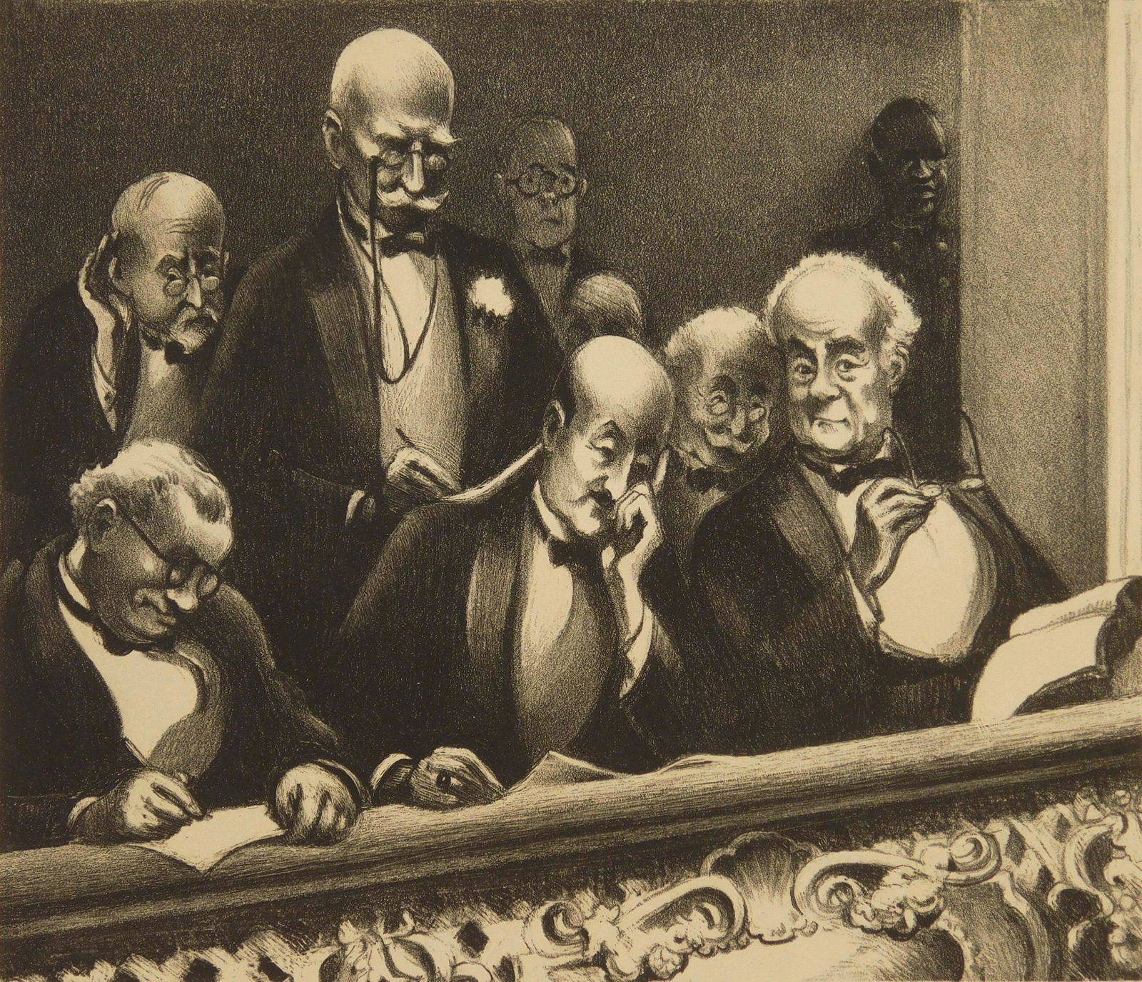 Mabel Dwight lithograph: Mabel Dwight (1875-1995) Book Auction (Robinson & Pirog 63) lithograph, 1932, signed and dated in pencil, printed by George C. Miller. 7 x 9"