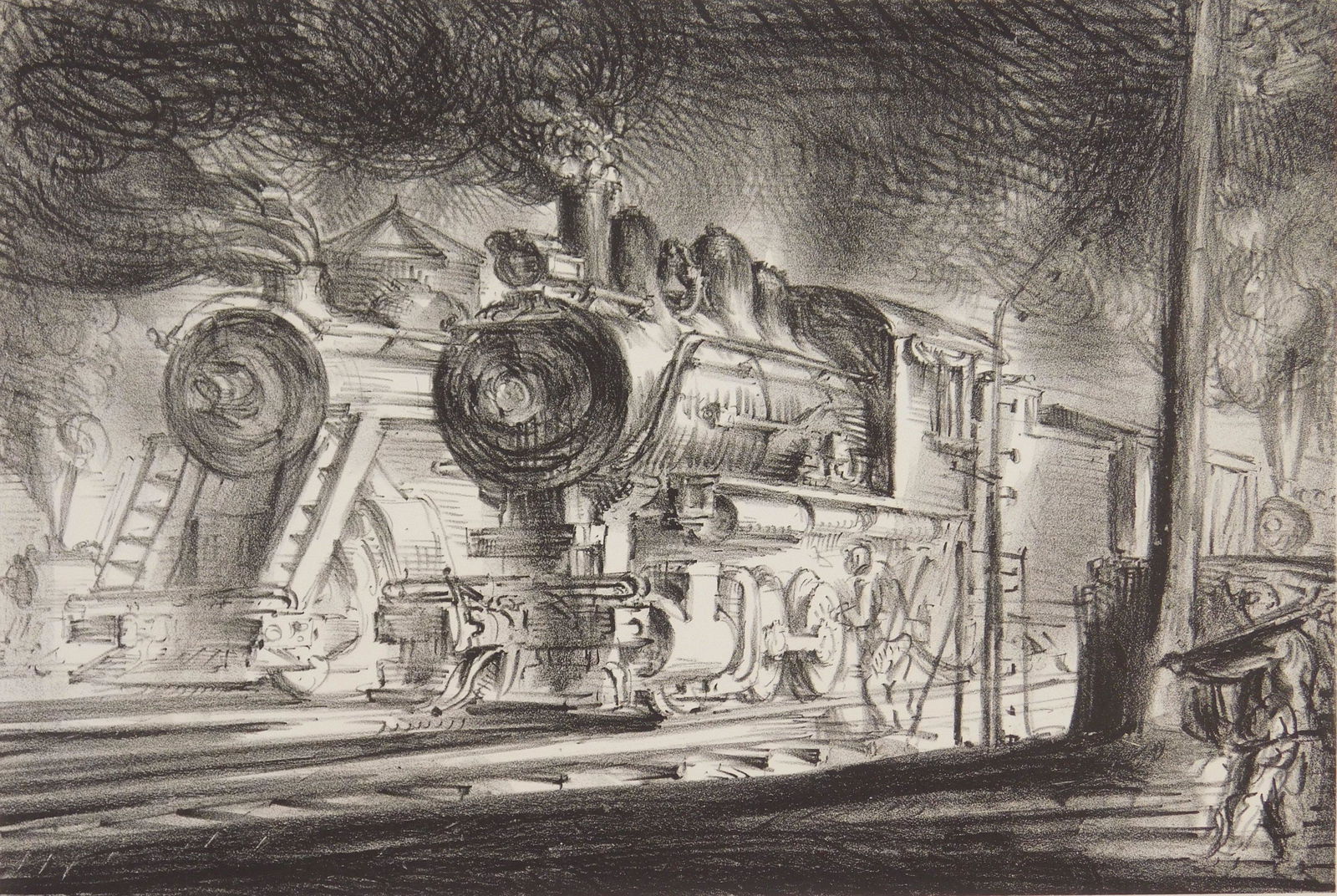 Reginald Marsh lithograph: Reginald Marsh (1898-1954) Switch Engines, Erie Yards (Jersey City) (Sasowsky 30) lithograph, 1948, edition of 253 plus 10, The Print Club of Cleveland publication no. 25 for 1947. 9 x 13 3