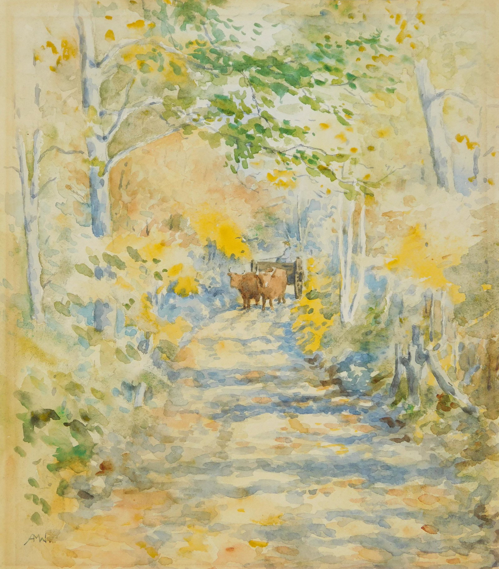 Amelia Montague Watson watercolor: Amerlia Montague Watson (1856-1934) Cattle and Cart on Forest Road watercolor on paper, initialed A. W. 