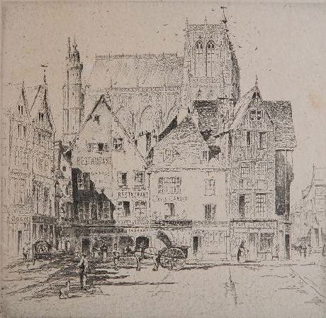 John Taylor Arms etching: John Taylor Arms- ''Abbeville'' (Fletcher 165)- etching, 1925, signed and dated in pencil, laid down, one spot of staining. 7 1/2 x 7 3/4''