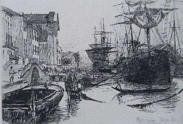Otto Bacher etching: Otto Bacher- ''Fondamenta delle Zattere''- etching, 1880. 6 3/4 x 9 7/8''