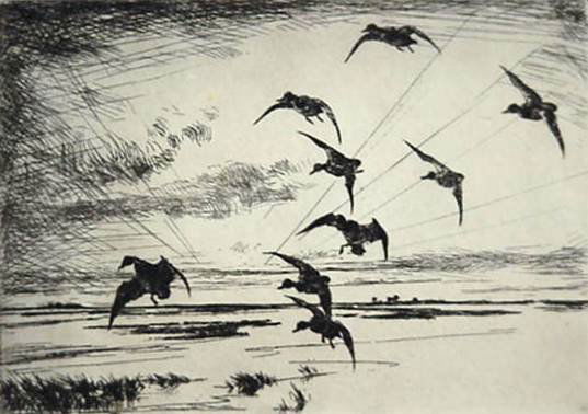 Frank Benson etching: Frank Benson- ''Dawn'' (Paff 232)- etching, 1924, signed in pencil, edition of 250, for The Print Club of Cleveland, 1928 publication. 6 3/4 x 9 3/4''