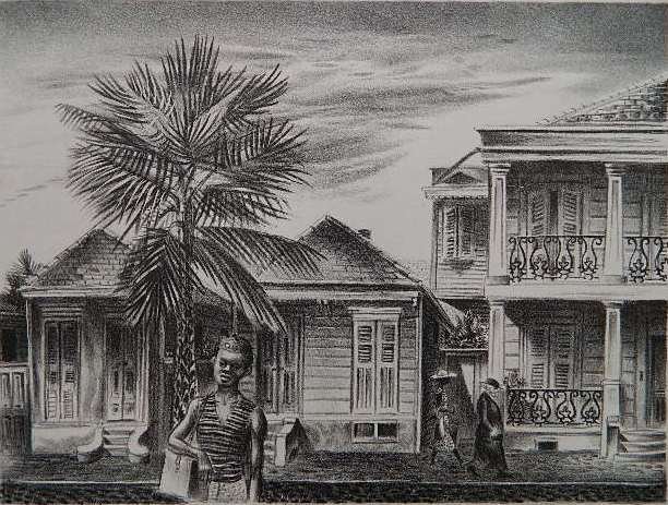 Aaron Bohrod lithograph: Aaron Bohrod- ''New Orleans Street'' (Czestochowski 40)- lithograph, 1938, signed in pencil, AAA edition of 250. 9 x 12''