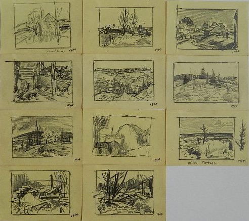 Carl Gaertner 11 graphite: Carl Gaertner- Landscapes- 11 graphite on yellow paper, 1944. 4 x 6'' ea. (sheet)