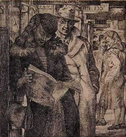 Douglas Gorsline etching: Douglas Gorsline- ''Express Stop''- etching, 1948, signed in pencil, AAA edition of 100. 6 3/4 x 5 7/8''