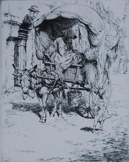 Arthur W. Heintzelman etching: Arthur W. Heintzelman- ''A Donkey Cart in Montmartre'' (Smith 92)- etching, 1923, signed in pencil, edition of 300, done for the Chicago Society of Etchers, with its blindstamp, artist called it 'one 