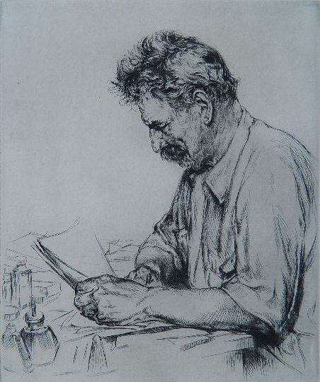 Arthur W. Heintzelman etching: Arthur W. Heintzelman- ''Portrait of Dr. Albert Schweizer'' (Smith 286)- etching, 1950, signed in pencil, edition of 125, small tape hinge residue along top edge verso, otherwise very good condition. 