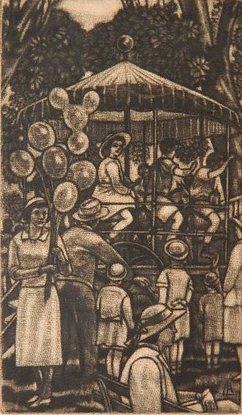 Leslie Henderson mezzotint: Leslie Henderson- ''Merry-Go-Round''- mezzotint, 1935, signed and titled in pencil. 7 1/4 x 4 1/4''