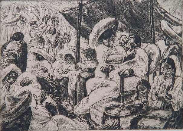 Irwin D. Hoffman etching: Irwin D. Hoffman- ''The Barber Shop'' (Sullivan 45)- etching, 1936, signed and titled in pencil, AAA edition of 94, light struck and mat burn. 8 x 10 3/4''