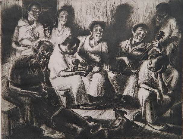 Irwin D. Hoffman etching: Irwin D. Hoffman- ''Puerto Rican Folk Song''- etching, 1938, signed and titled in pencil, AAA edition of 250 published in 1944, slight foxing throughout. 10 7/8 x 13 7/8''