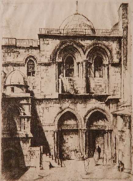 Earl Horter etching: Earl Horter- Cathedral Holy Sepulchre, Jerusalem- etching, signed in pencil, old glue stains in top margin. 9 1/4 x 6 3/4''