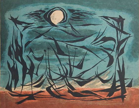 Edward Landon silkscreen: Edward Landon- ''Nocturnal Adversary''- silkscreen in colors, 1946, signed in image, one minor crease lower edge of image. 14 1/4 x 18 1/2''