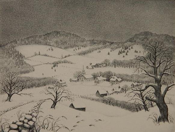 Ella Fillmore Lillie lithograph: Ella Fillmore Lillie- ''Cradled in The Hills''- lithograph, ca. 1940's, signed and titled in pencil, very good condition. 9 x 12''