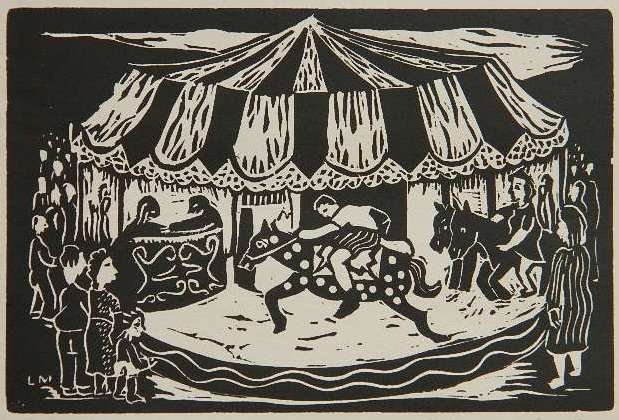 Leon Gordon Miller woodcut: Leon Gordon Miller- ''Merry-Go-Round''- woodcut, signed and titled in pencil, very good condition. 4 x 6''