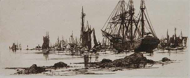 Stephen Parrish etching: Stephen Parrish- ''In Port''- etching, 1882, as published in 'The Portfolio', very good condition. 4 x 9 1/2''