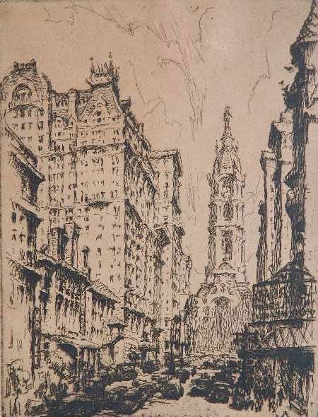 Frederick Robbins etching: Frederick Robbins- ''Broad Street From Spruce''- etching, signed and titled in pencil, light struck. 12 1/4 x 9 1/2''