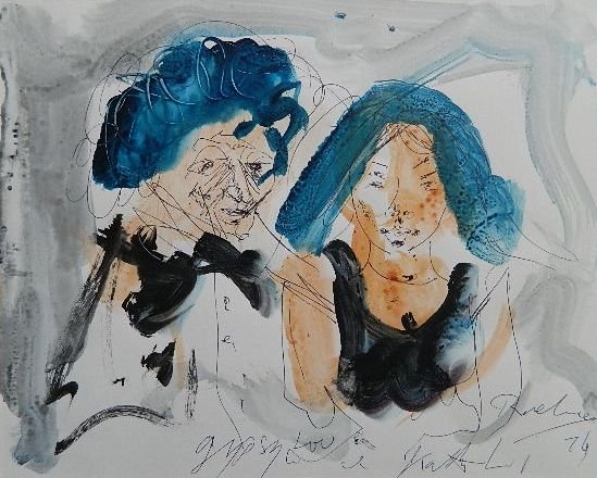 Noel Rockmore pen and ink and watercolor: Noel Rockmore- ''Gypsy Lou and Kathy L''- pen and ink and watercolor on paper, 1976, signed and dated in pen, very good condition. 10 1/2 x 13''