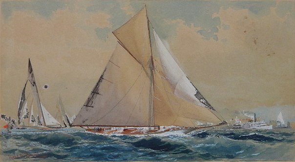Richard W. Rommell watercolor and gouache: Richard W. Rommell- Defender- watercolor and gouache on cardboard, paper and glue residue in margins. 9 1/2 x 16 3/8''
