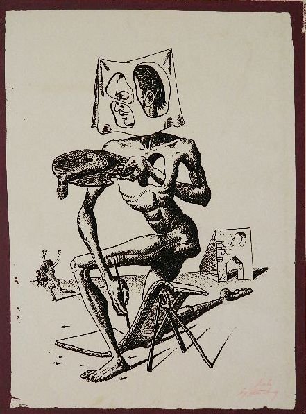Harry Sternberg silkscreen: Harry Sternberg- ''Salvador Dali'' (Moore 175)- silkscreen in two colors, 1944, signed 'Dali by Sternberg' in red pencil, some minor foxing. 21 1/4 x 15 3/4''