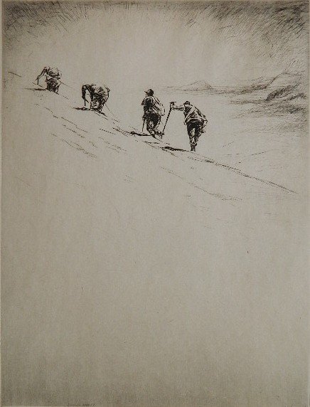 Levon West etching: Levon West- ''Mountain Climbers'' (Torrington 110)- etching, signed and numbered 90/100 in pencil. 12 1/8 x 9 1/8''