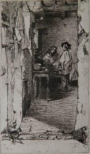 James A. M. Whistler etching: James A. M. Whistler- ''The Rag Gatherers'' (Kennedy 23V)- etching, 1857. 6 x 3 1/2''