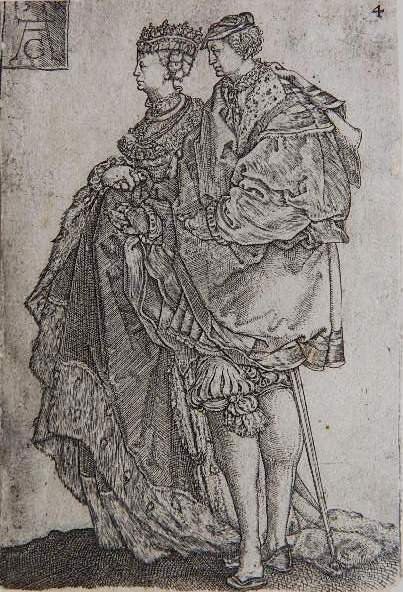 Heinrich Aldegrever engraving: Heinrich Aldegrever- Wedding Dancers (Bartsch 163)- engraving, some paper loss at edges (restored). 4 5/8 x 3 1/8''