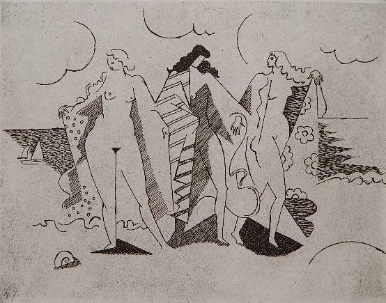 Francois Brochet etching: Francois Brochet- Beach Scene with Three Women- etching, signed and numbered 3/20 in pencil, minor handling creases. 8 1/4 x 10 1/4''