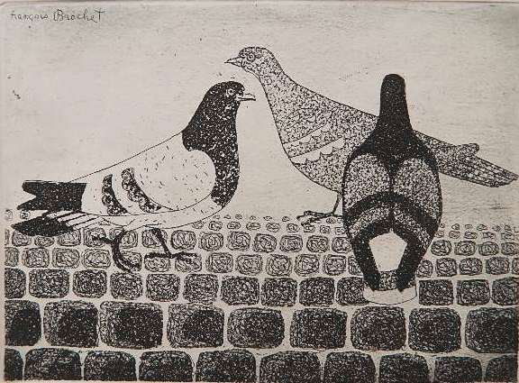 Francois Brochet etching: Francois Brochet- Three Birds on Stone Pavement- etching, signed and numbered 8/30 in pencil. 5 x 7''