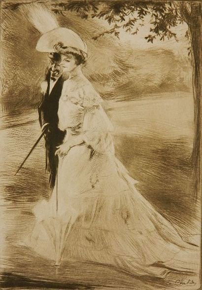 Edgar Chahine dry point: Edgar Chahine- ''En Promenade'' (Tabanelli 135)- dry point, 1904, as published in 'Revue de l'Art' in 1905. 10 7/8 x 7 3/4''