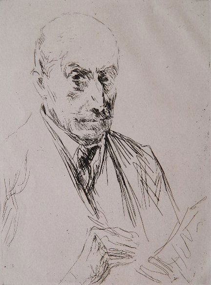 Max Liebermann etching: Max Liebermann- Self Portrait- etching, slightly age toned, few minor foxing scattered. 9 1/8 x 6 3/4''
