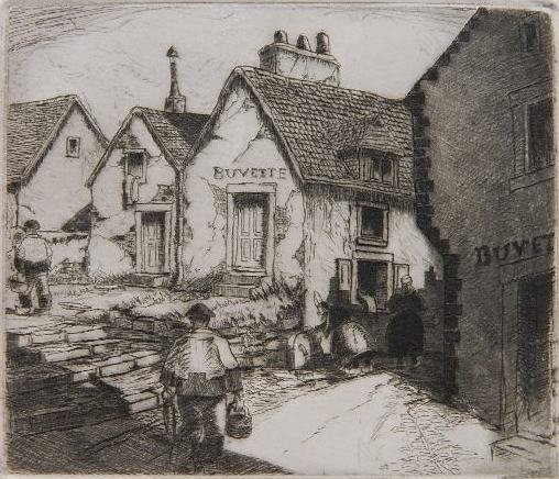 John McGrath etching: John McGrath- ''Petite Buvette''- etching, signed and titled in pencil, very good condition. 4 1/2 x 5 1/4''