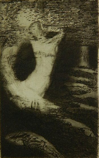 Odilon Redon etching: Odilon Redon- ''Passage d/une Ame'' (Mellerio 21)- etching, 1922, edition of 30. 3 1/4 x 2''