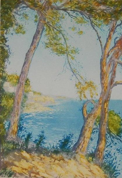 Manuel Robbe aquatint: Manuel Robbe- ''Cote de Azur''- aquatint in colors, ca. 1910, signed in pencil, very good condition. 19 1/2 x 13 1/2''