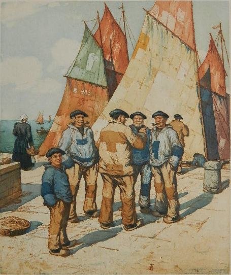 Tavik F. Simon soft ground and aquatint: Tavik F. Simon- ''Quai at Concarneau, Brittany'' (Baker 117)- soft ground and aquatint in colors, ca. 1912, signed in pencil, edition of about 200. 13 x 11''