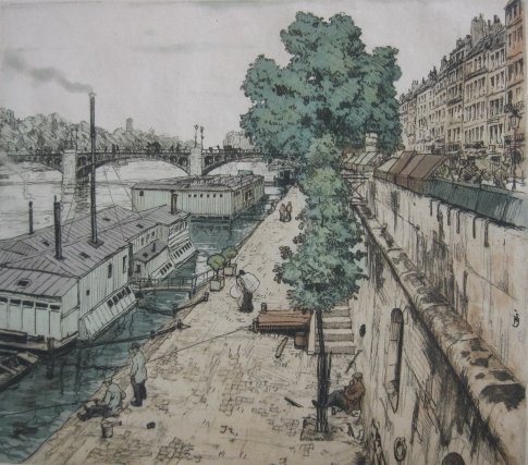 Tavik F. Simon etching and aquatint: Tavik F. Simon- ''Quai Voltaire'' (Baker 209)- etching and aquatint in colors, 1919, signed and numbered 195 in pencil, very good condition. 12 x 13 1/2''