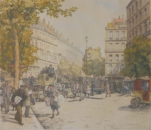 Tavik F. Simon soft ground and aquatint: Tavik F. Simon- ''Les Halles and St. Eustache, Paris'' (Baker 243)- soft ground and aquatint in colors, ca. 1926, signed in pencil. 13 1/8 x 15''