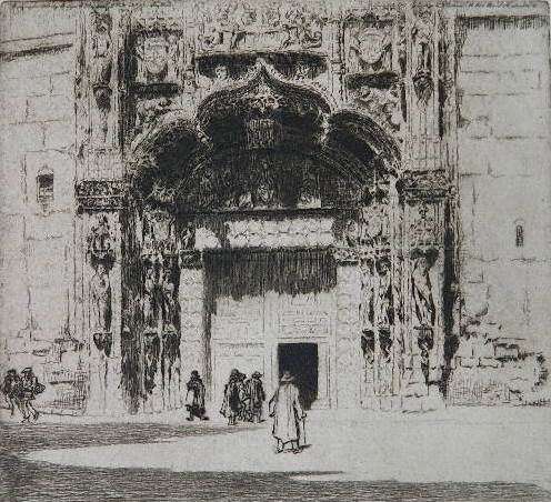 Arthur James Turrell etching: Arthur James Turrell- ''Portico, Salamanca Cathedral''- etching, 1900, signed and inscribed 'MMR 445' in pencil, numbered in brown ink '25', blindstamp of Printseller's Association (London). 10 1/4 x