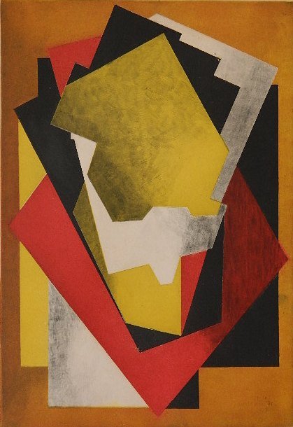 Jacque Villon aquatint: Jacque Villon- ''Composition'' (Ginestet & Pouillon E. 660)- aquatint in colors, 1927, signed in pen and ink, edition of 200. 19 1/4 x 13 1/4''