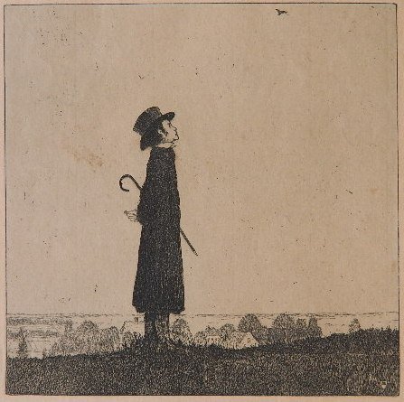 Heinrich Vogeler etching: Heinrich Vogeler- ''Die Lerche'' (Self Portrait)- etching, light struck and mat burn, minor soiling and staining. 5 1/2 x 5 1/2''
