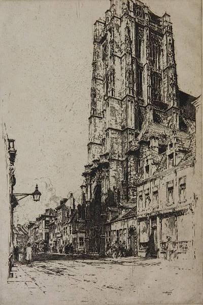 Jan C. Vondrous etching and dry point: Jan C. Vondrous- ''St. Jacques, Anvers''- etching and dry point, 1923, signed in pencil. 14 1/2 x 9 5/8''
