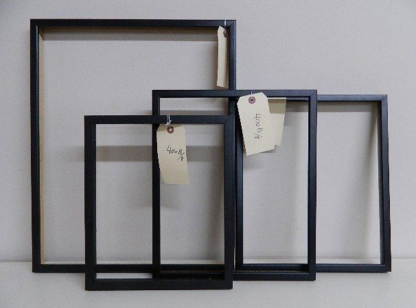 8 Black wood gallery frames: 8 Black wood gallery frames. int 9 5/8 x 11 5/8'' ext 11 x 13''; (2) int 11 3/4 x 13 3/4'' ea. ext 12 3/4 x 15'' ea.; (2) int 13 3/4 x 16 3/4'' ea. ext 15 x 18'' ea.; int 13 3/4 x 17 3/4'' ext 15 x 19