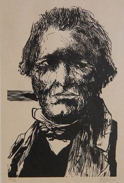 Leonard Baskin wood engraving: Leonard Baskin- ''Camille Corot'' (Fern & O'Sullivan 538)- wood engraving, 1969, signed and numbered XLI/C in pencil, from the portfolio 'Laus Pictorum, Portraits of Nineteenth Century Artists'. 7 1/4