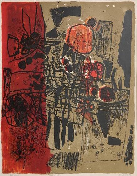 Corneille lithograph: Corneille- ''Jeux d'ete''- lithograph in colors, 1960, signed, dated, titled and numbered 188/210 in pencil, slight mat burn. 24 3/4 x 19 1/4''
