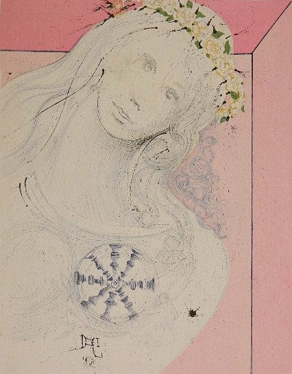 Salvador Dali lithograph: Salvador Dali- ''As Pure As Her Heart'' (Michel & Lopsinger 1233)- lithograph in colors, 1967, signed and numbered Liv/XC in pencil, very slightly light struck, some staining in margins. 20 x 15 5/8''