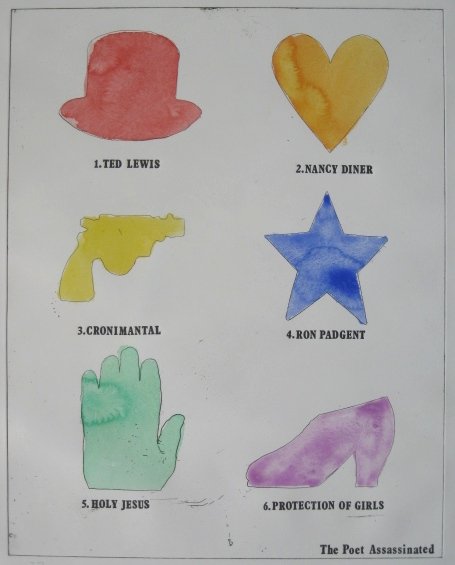 Jim Dine etching: Jim Dine- ''The Poet Assassinated'' (Williams College 31)- etching with hand-coloring, 1971, signed and numbered 37/75 in pencil. 27 1/4 x 21 1/2''
