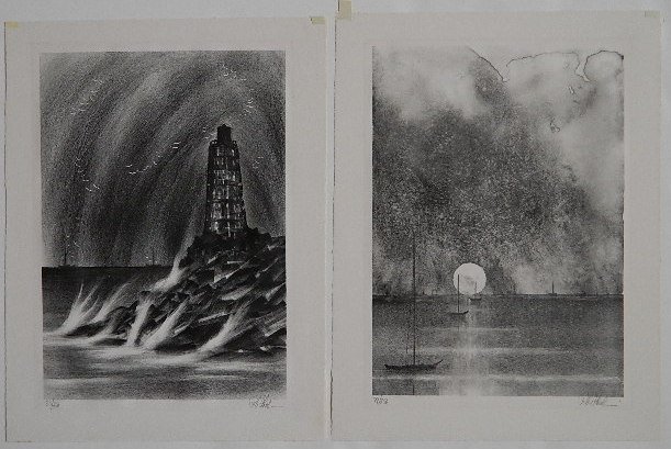 Richard Florsheim 2 lithographs: Richard Florsheim- ''Lighthouse'' and ''Moonlight'' (Iacono 192 and 201)- 2 lithographs, 1967, 1968, both signed in pencil, AAA editions of 250, various sizes.