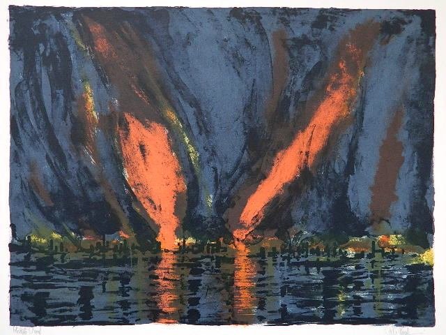 Richard Florsheim lithograph: Richard Florsheim- ''Fire'' (Iacono 215.6)- lithograph in colors, 1970, signed and annotated 'artist proof' in pencil, from the Illuminations' portfolio. 13 1/2 x 18''