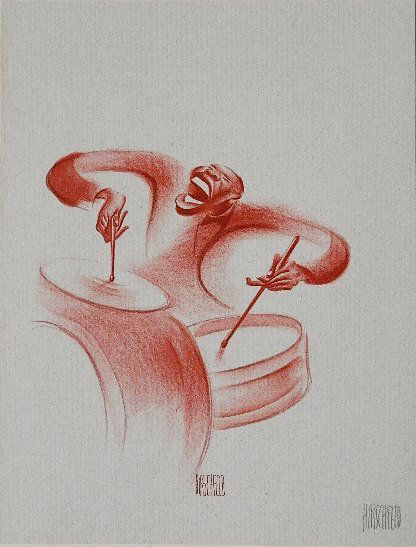 Al Hirschfeld lithograph: Al Hirschfeld- ''Solid Sender''- lithograph in colors, 1941, as published in ''Harlem as Seen By Hirschfeld''. 12 x 9''